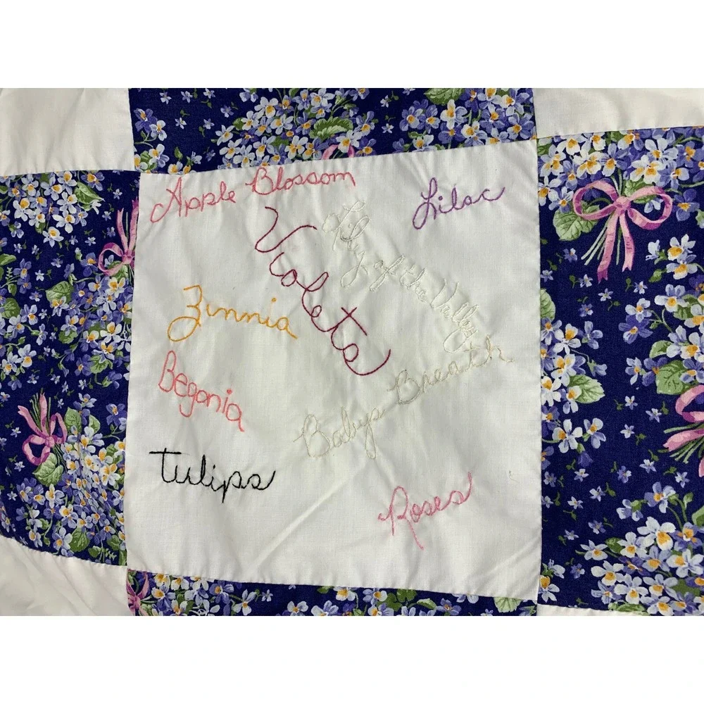 Handmade Embroidered Vintage Quilt Top Unfinished Floral Pink Purple 38